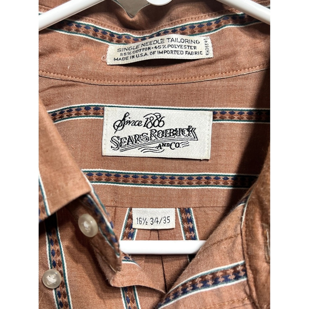 Vintage 80s Sears Roebuck Brown Striped Button Down Shirt Mens 16.5 34/35 USA - Picture 4 of 6
